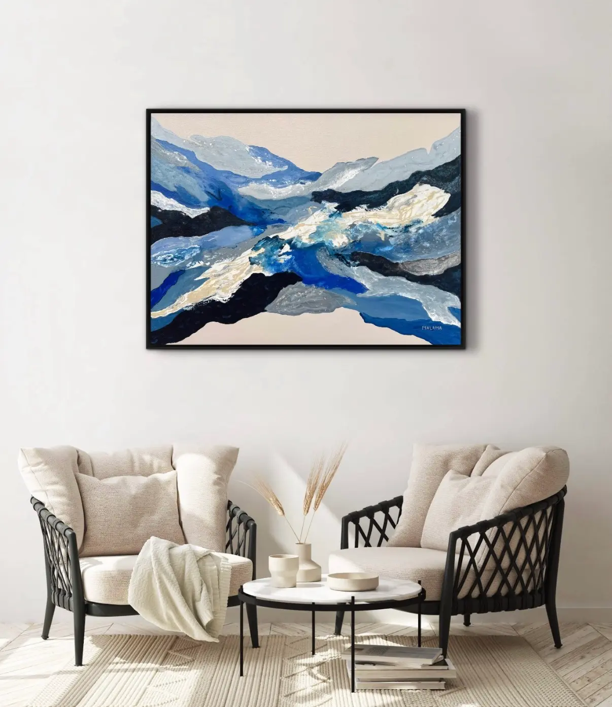 Hábitat 2.0, pintura abstracta original sobre tela de Malama Art, montada en un interior contemporáneo